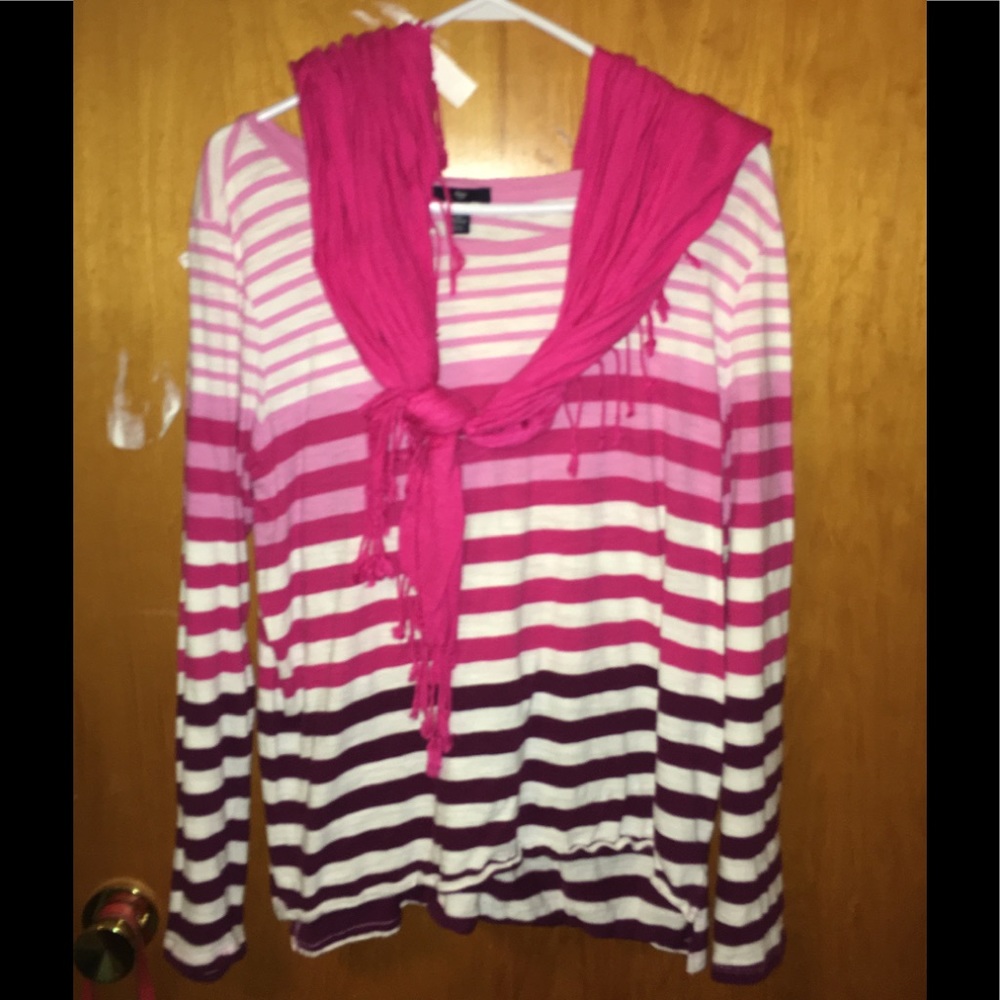 Long sleeved striped shirt with pink scarf